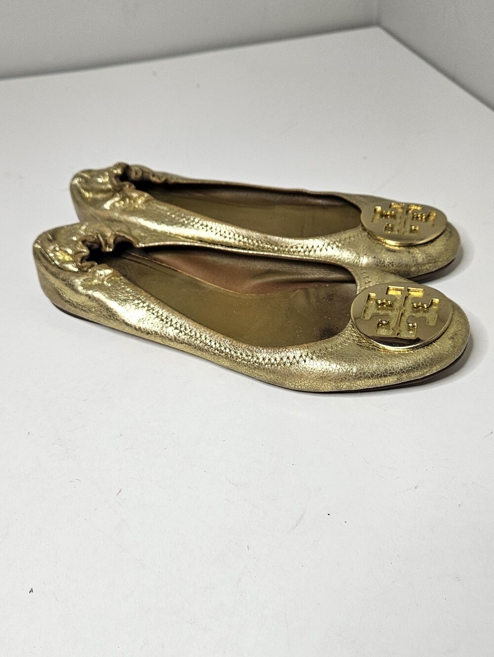 Tory Burch Reva Gold Metallic Ballet Flats Leather Double T Logo Women's 8.5
